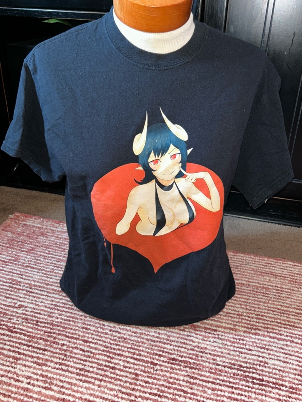 Black Short-Sleeve Graphic Tee with Red Heart Anime Print